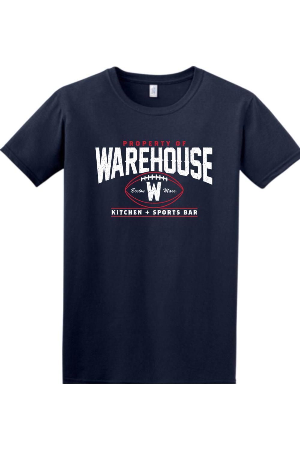 Navy blue cotton crew neck t-shirt featuring a white and red Warehouse Kitchen + Sports Bar football graphic.