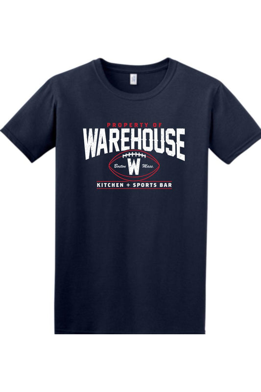 Navy blue cotton crew neck t-shirt featuring a white and red Warehouse Kitchen + Sports Bar football graphic.