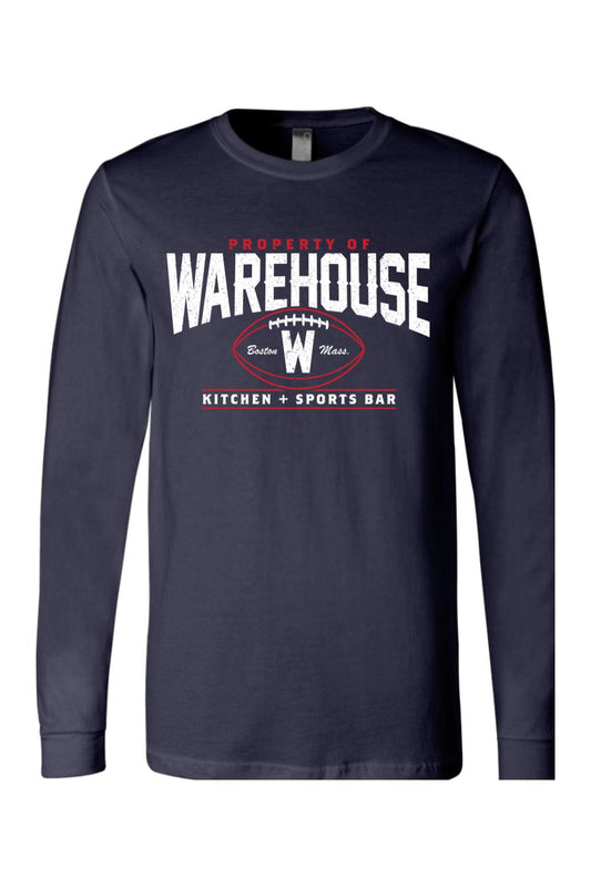Navy blue long sleeve cotton t-shirt with a white and red Warehouse Kitchen + Sports Bar football graphic.