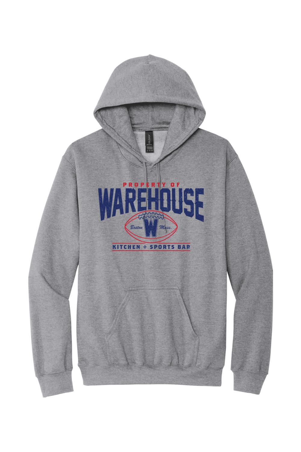 Grey cotton-blend hoodie featuring a blue and red Warehouse Kitchen + Sports Bar football graphic on the chest.