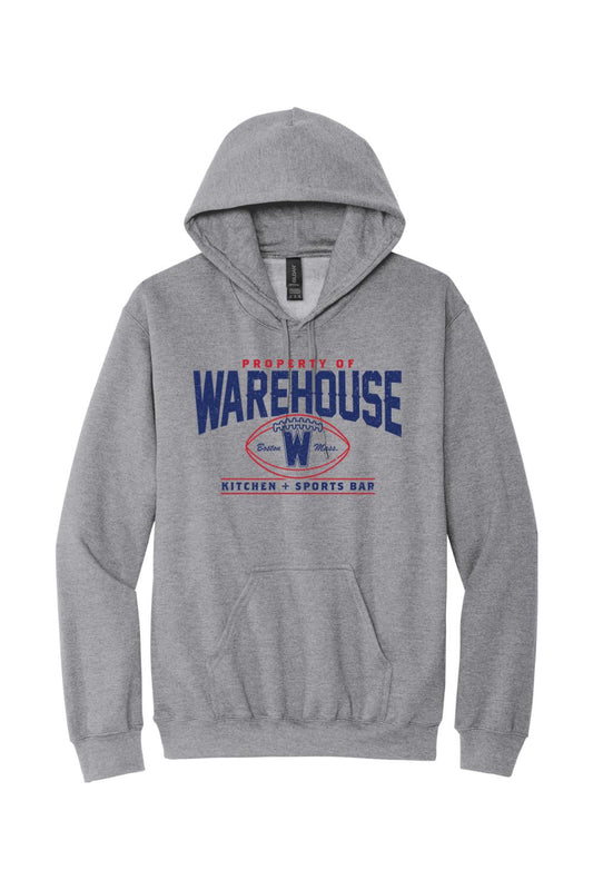 Grey cotton-blend hoodie featuring a blue and red Warehouse Kitchen + Sports Bar football graphic on the chest.