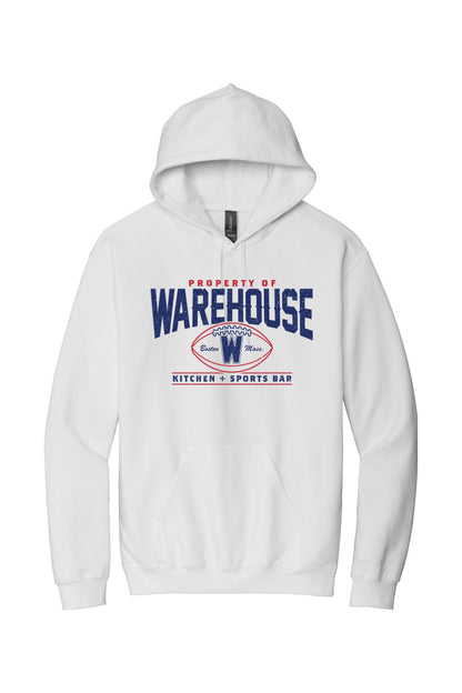 White cotton hoodie featuring a blue and red Warehouse Kitchen + Sports Bar football graphic on the chest.