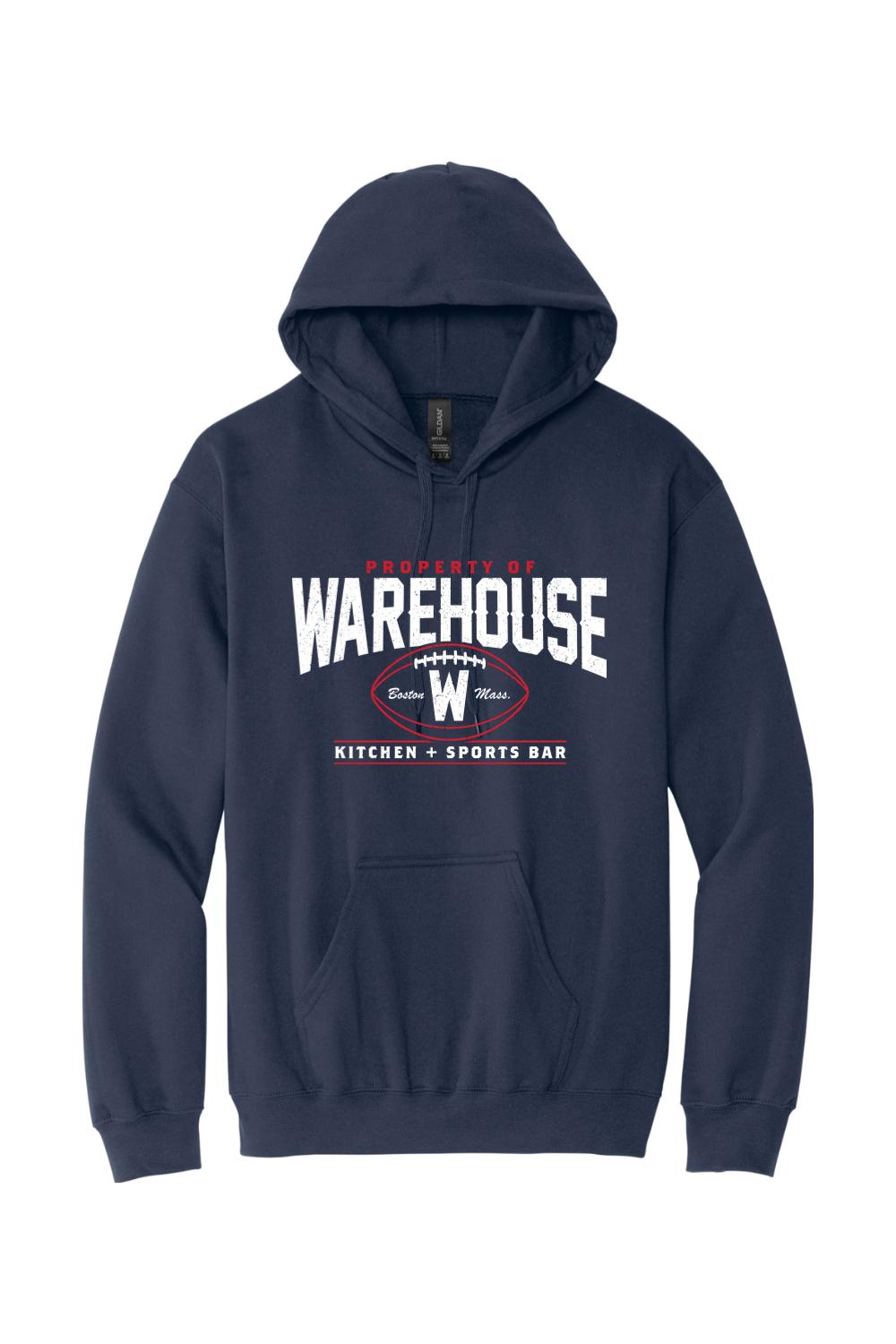 Navy blue cotton hoodie featuring a white and red Warehouse Kitchen + Sports Bar football graphic on the chest.