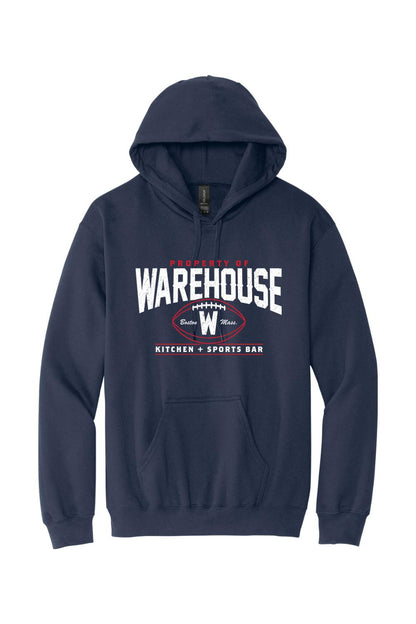 Navy blue cotton hoodie featuring a white and red Warehouse Kitchen + Sports Bar football graphic on the chest.