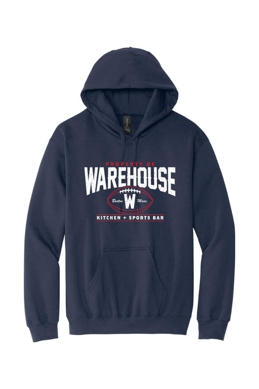 Navy blue cotton hoodie featuring a white and red Warehouse Kitchen + Sports Bar football graphic on the chest.