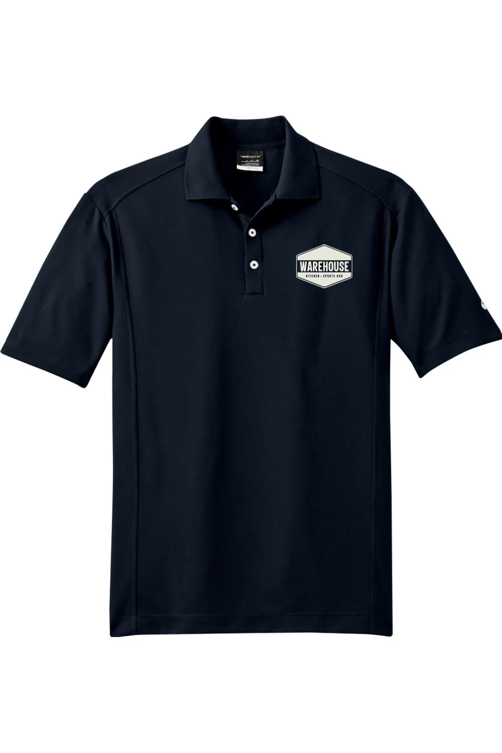 Navy blue Nike Dri-FIT polo shirt featuring the Warehouse Kitchen + Sports Bar logo on the chest.