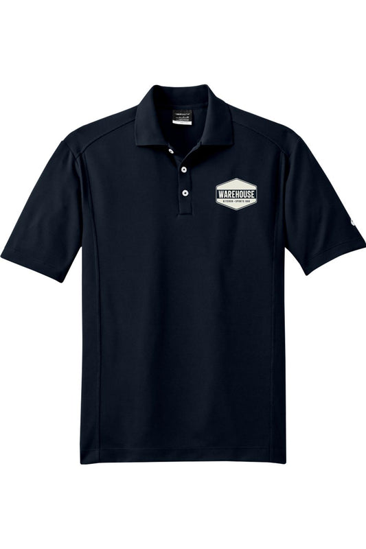 Navy blue Nike Dri-FIT polo shirt featuring the Warehouse Kitchen + Sports Bar logo on the chest.