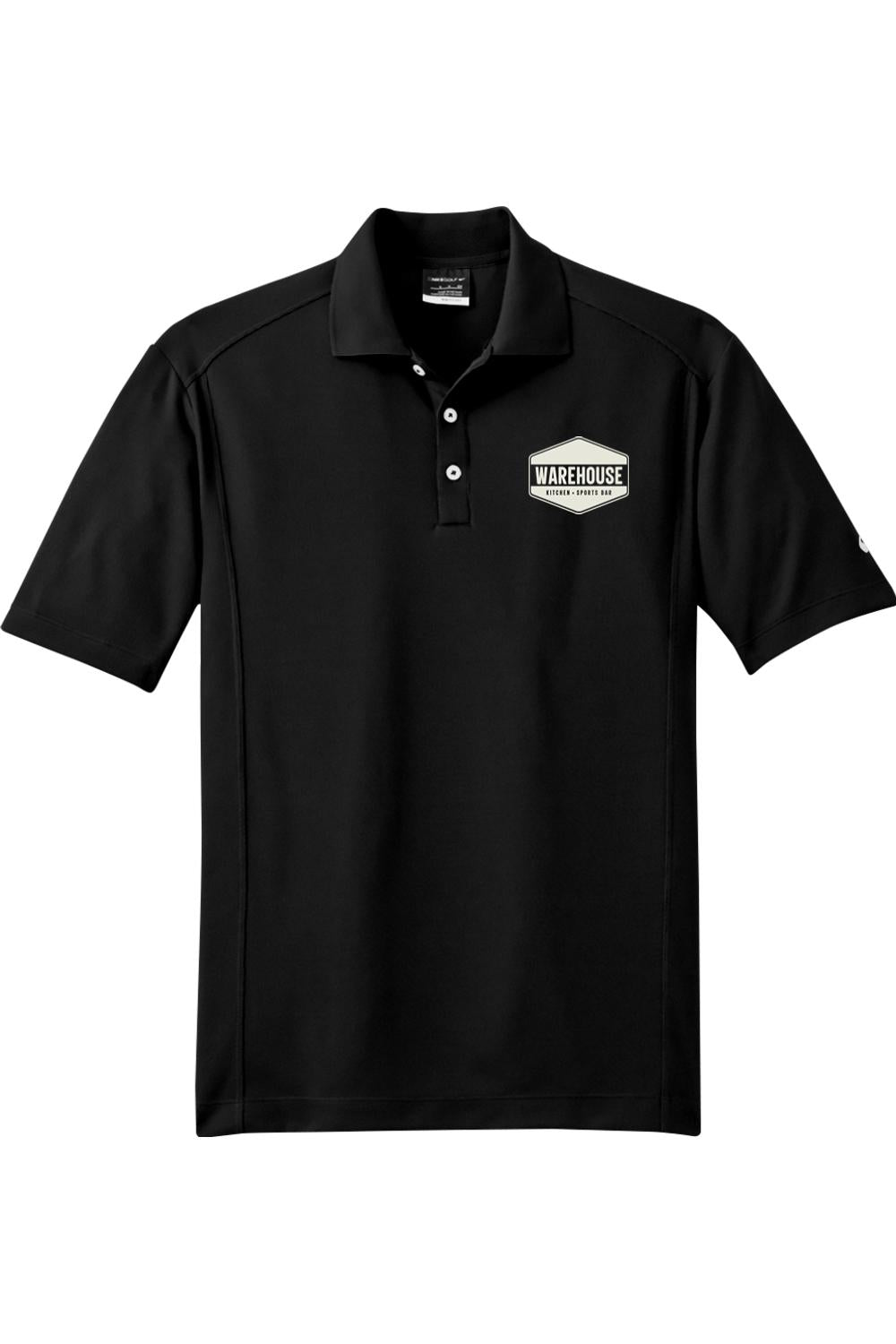 Black Nike Dri-FIT polo shirt with a white Warehouse Kitchen + Sports Bar logo on the chest and a three-button placket.
