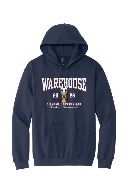 Navy blue fleece hoodie featuring a Warehouse Kitchen + Sports Bar soccer graphic with a beer glass and ball.