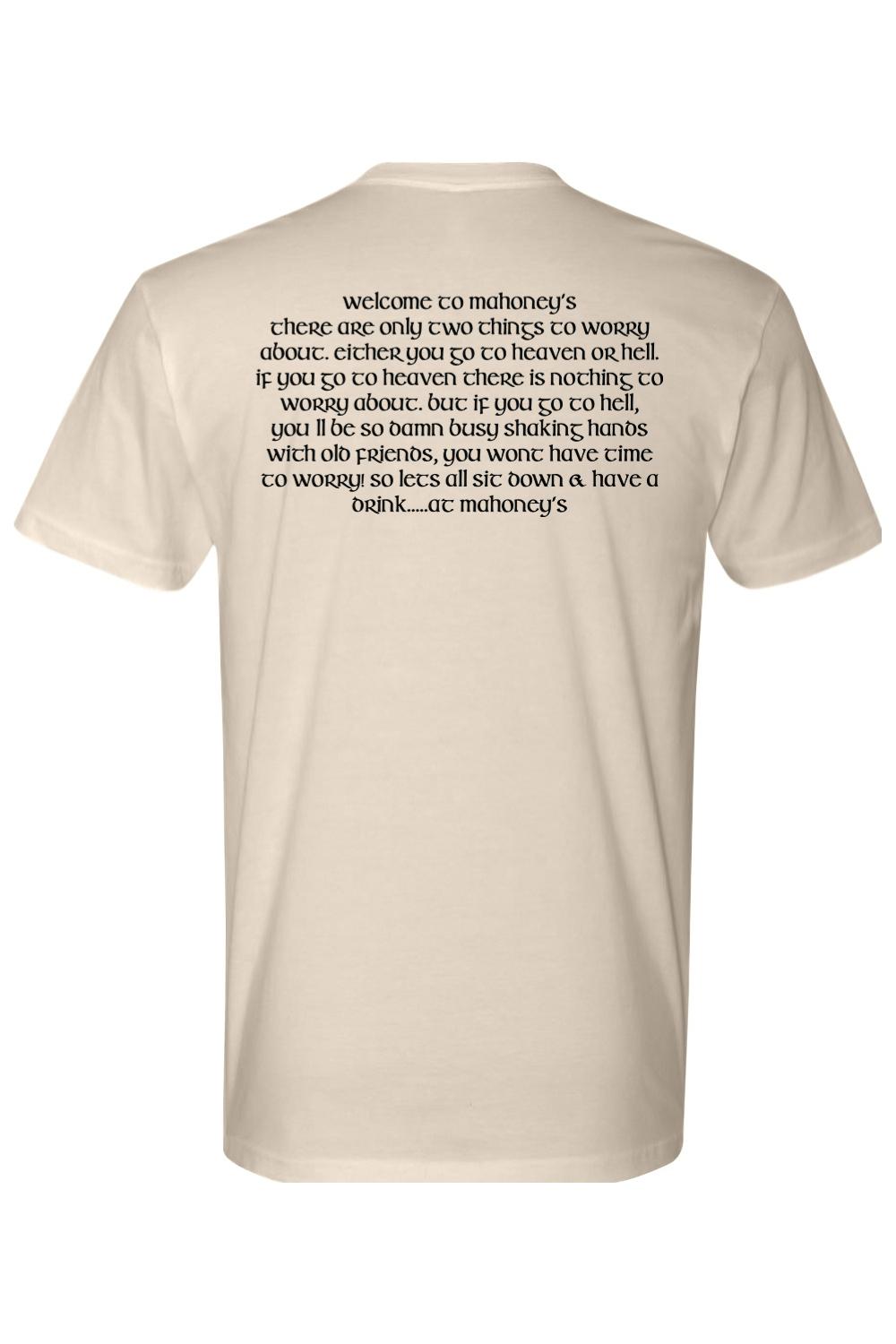 Beige crewneck t-shirt featuring black Welcome to Mahoney's text printed on the back in a classic serif font.