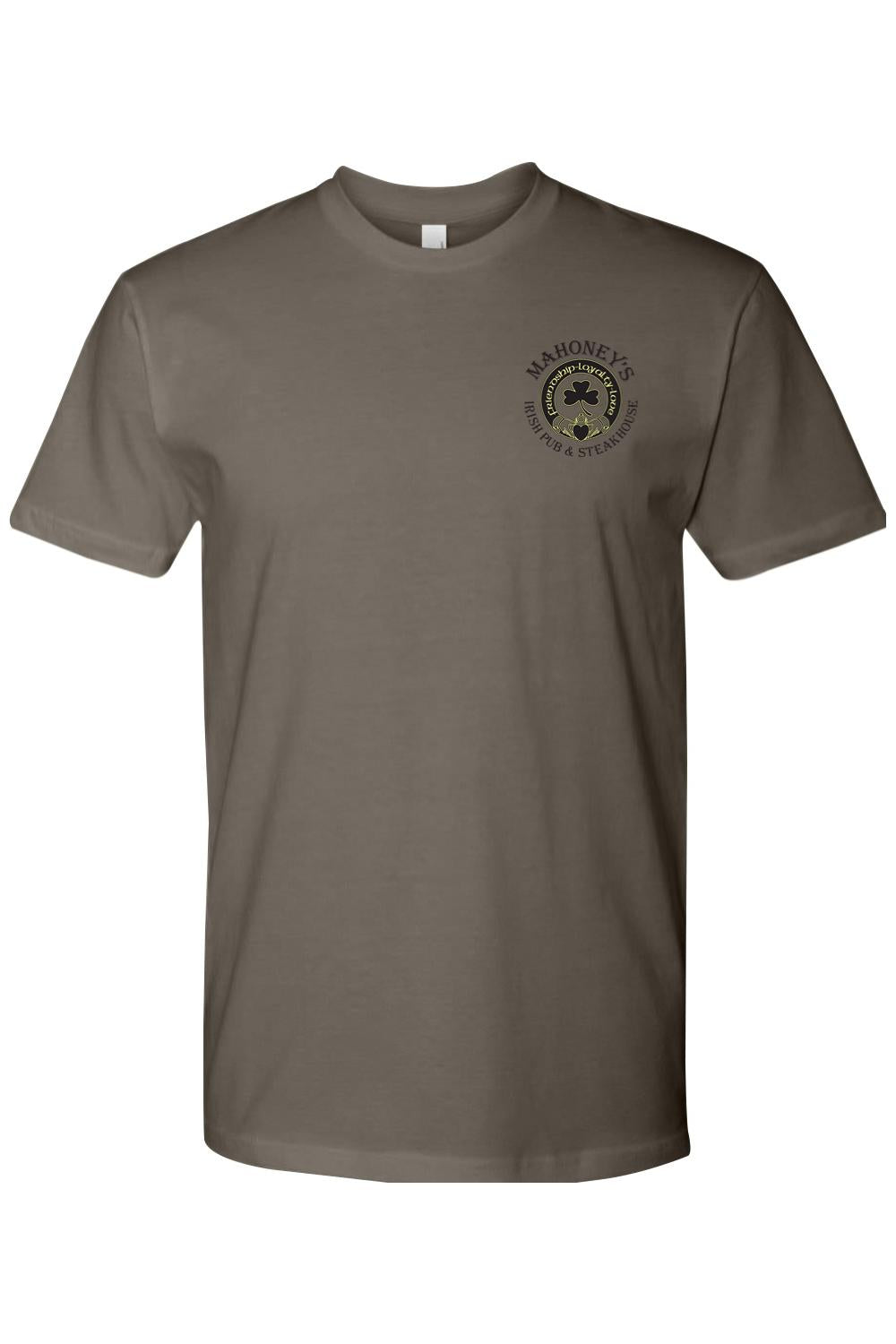 Black fitted crewneck t-shirt featuring a small Mahoney's Irish Pub & Steakhouse logo on the left chest.