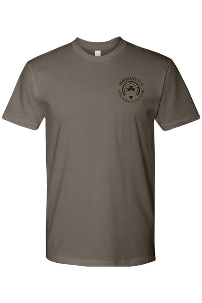 Black fitted crewneck t-shirt featuring a small Mahoney's Irish Pub & Steakhouse logo on the left chest.