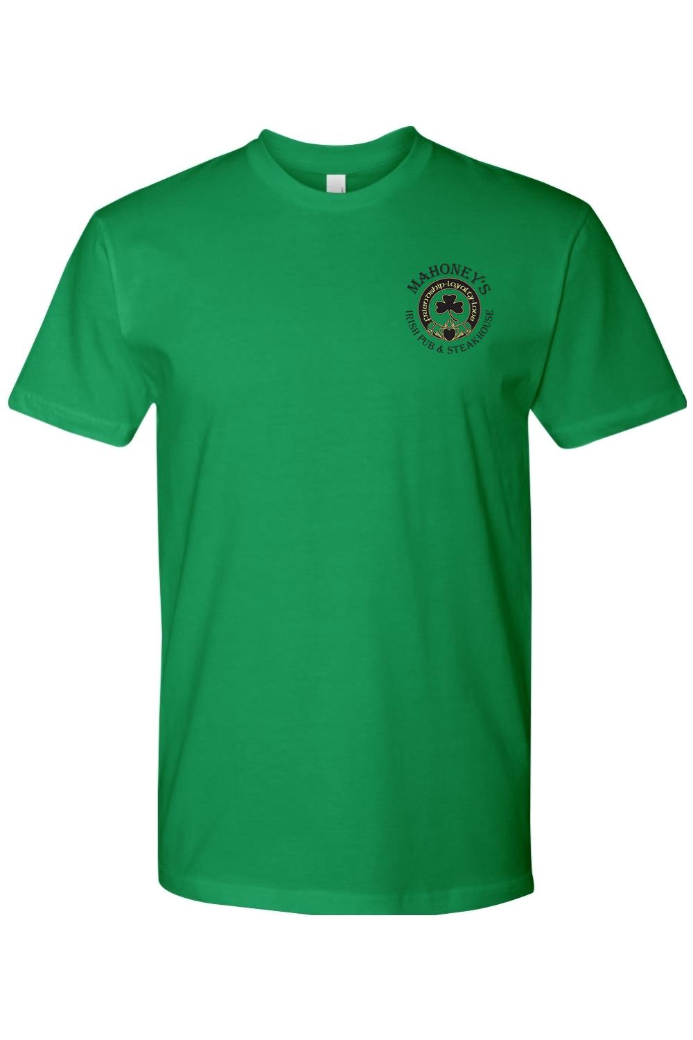 Green crewneck t-shirt featuring a Mahoney's Irish Pub and Steakhouse logo with a shamrock on the left chest.