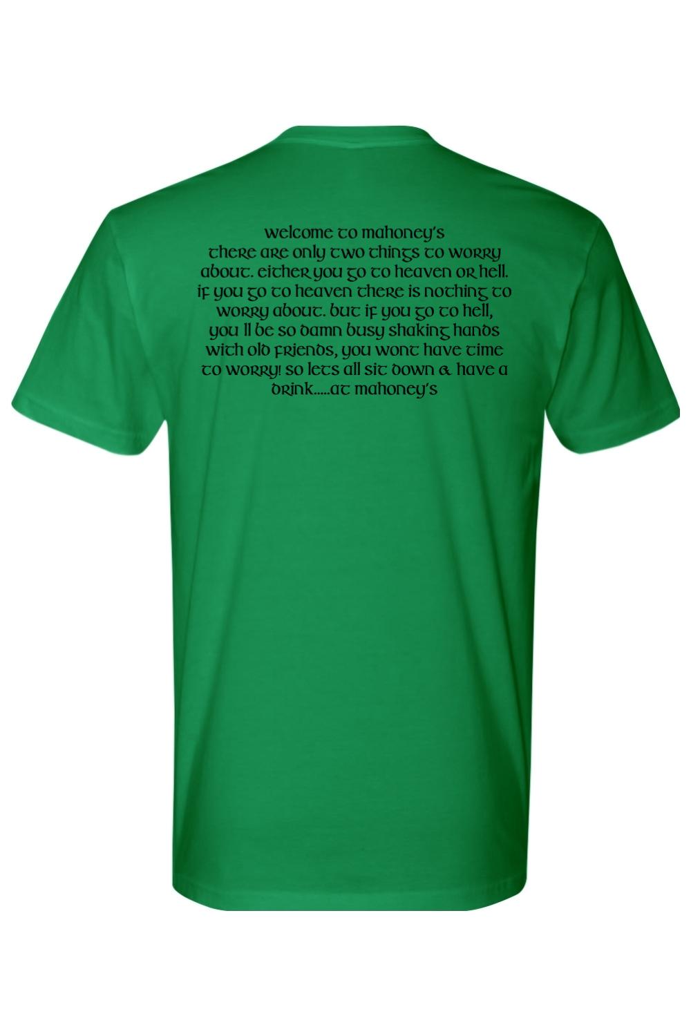 Green crewneck t-shirt featuring Welcome to Mahoney's text printed in black on the back.