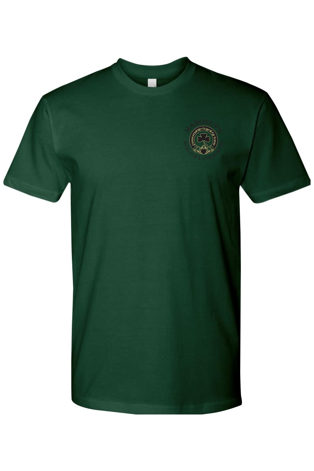 Forest green fitted crewneck t-shirt featuring a small Mahoney’s Irish Pub logo on the left chest.