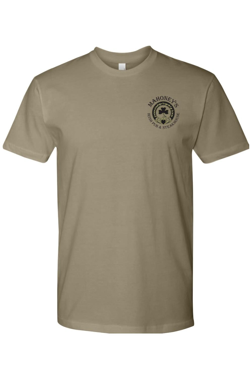 Tan fitted crewneck t-shirt featuring a black Mahoney's Irish Pub & Steakhouse logo on the left chest.