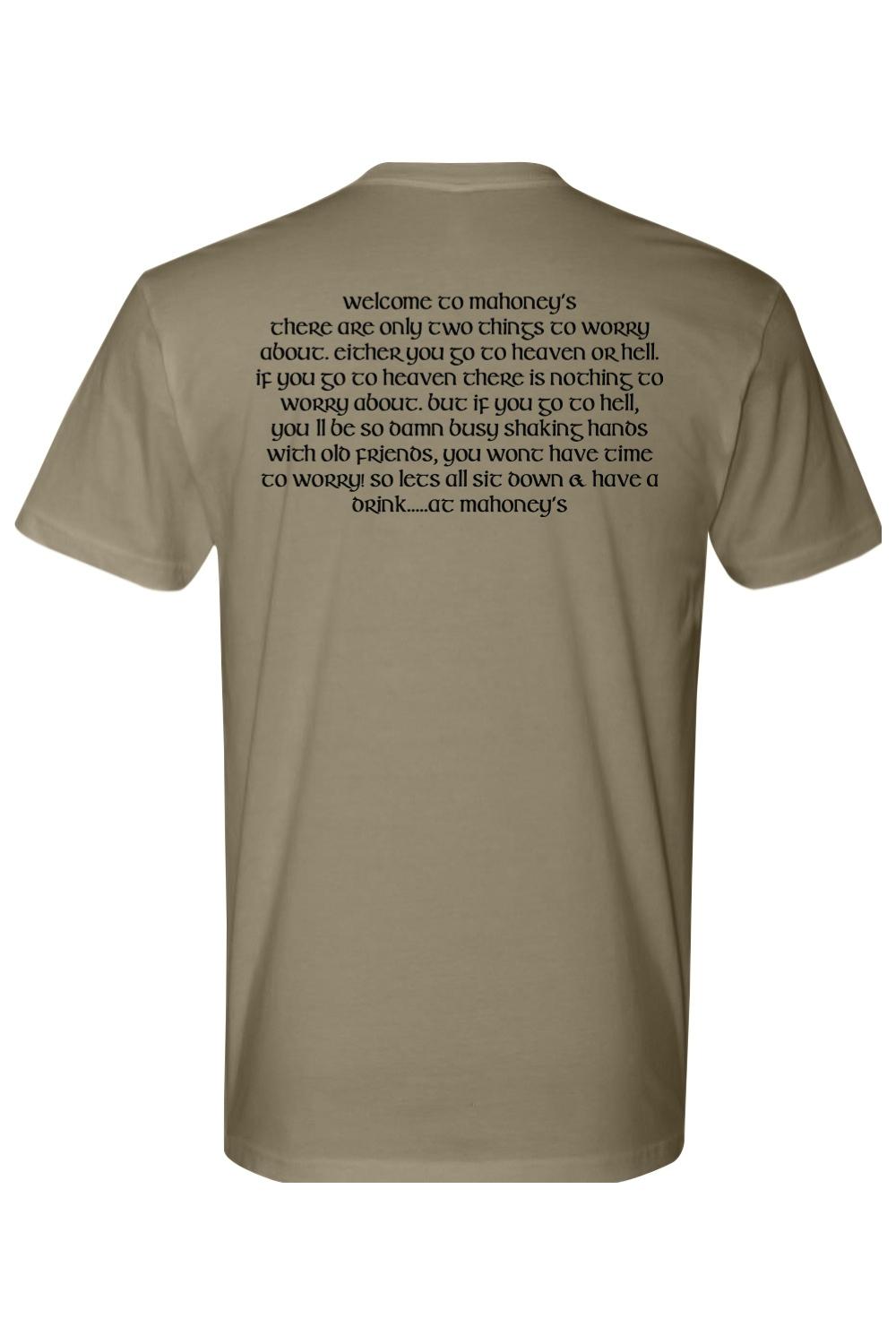 Tan crewneck t-shirt featuring black text about Mahoney's printed on the back in a classic, stylized font.