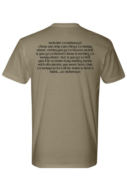Tan crewneck t-shirt featuring black text about Mahoney's printed on the back in a classic, stylized font.