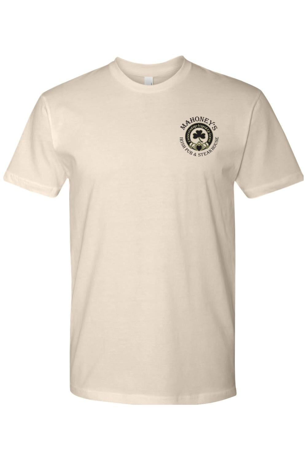 Beige fitted crewneck t-shirt featuring a black Mahoney's Irish Pub & Steakhouse logo on the left chest.