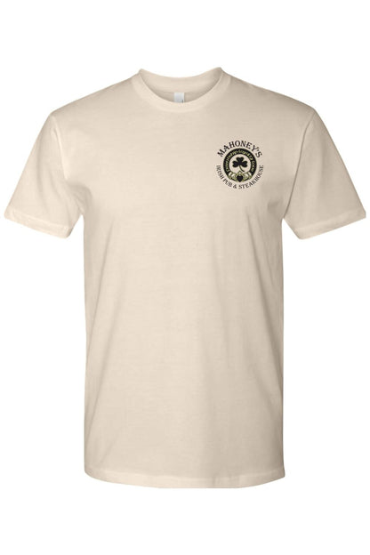 Beige fitted crewneck t-shirt featuring a black Mahoney's Irish Pub & Steakhouse logo on the left chest.