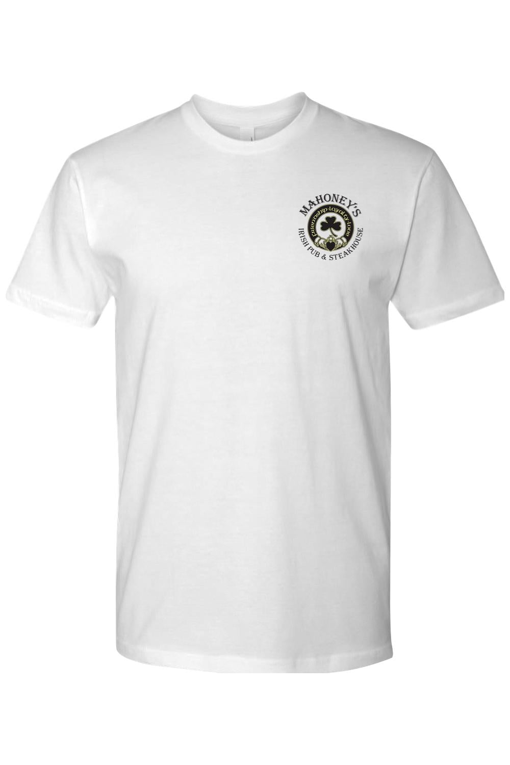 White fitted crewneck t-shirt featuring a Mahoney's Irish Pub and Steakhouse logo with a shamrock on the chest.