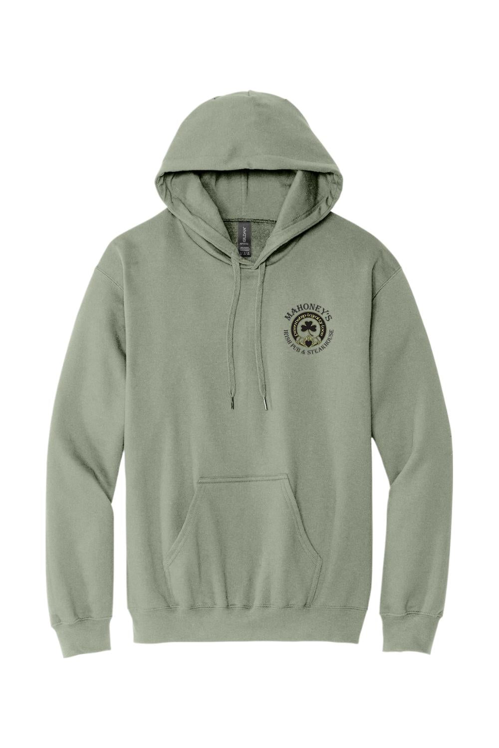 Sage green midweight pullover hoodie with a drawstring hood, front kangaroo pocket, and Mahoney's Irish Pub logo.