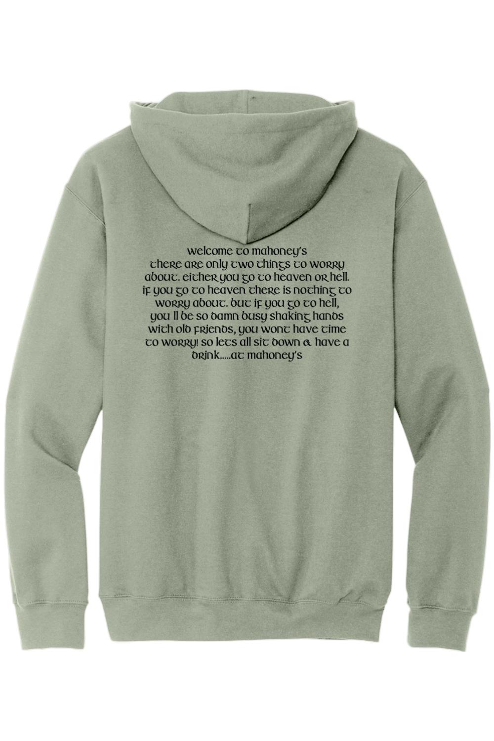 Sage green midweight hoodie featuring black printed text on the back about Mahoney's.