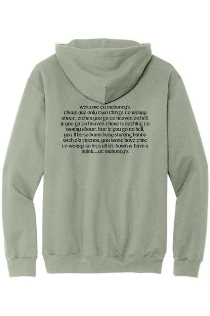 Sage green midweight hoodie featuring black printed text on the back about Mahoney's.