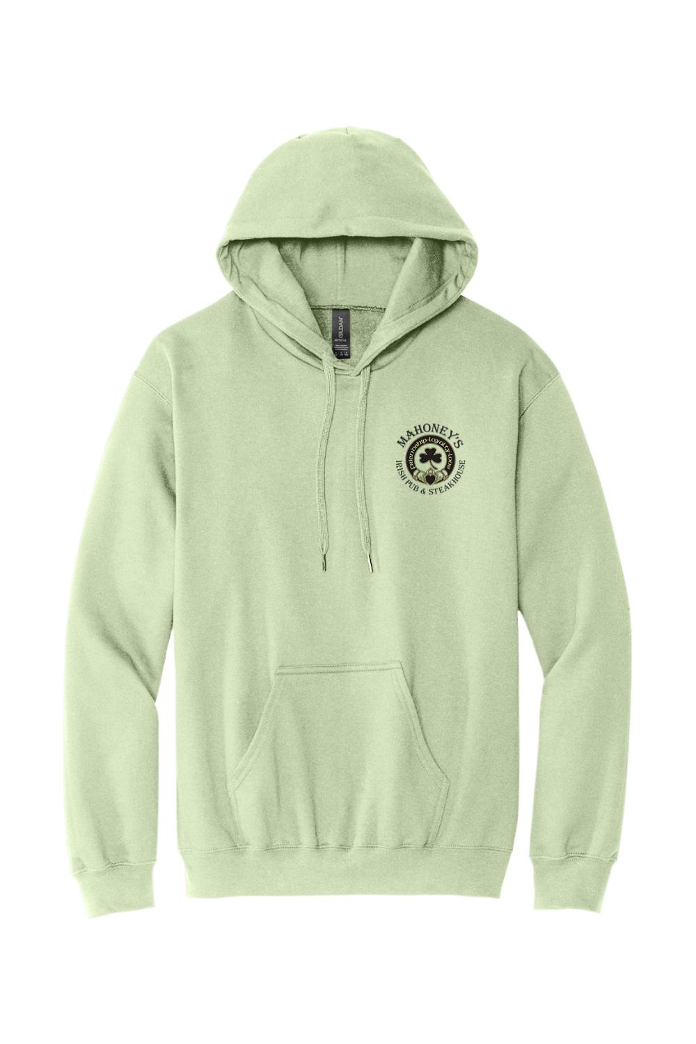 Light green midweight hoodie with a drawstring hood, front pouch pocket, and Mahoney's Irish Pub logo on the chest.