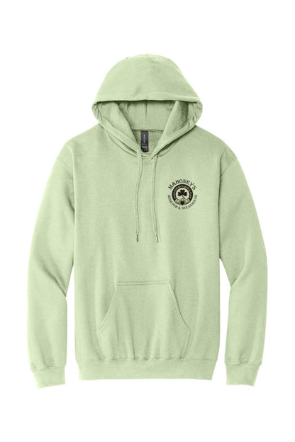 Light green midweight hoodie with a drawstring hood, front pouch pocket, and Mahoney's Irish Pub logo on the chest.
