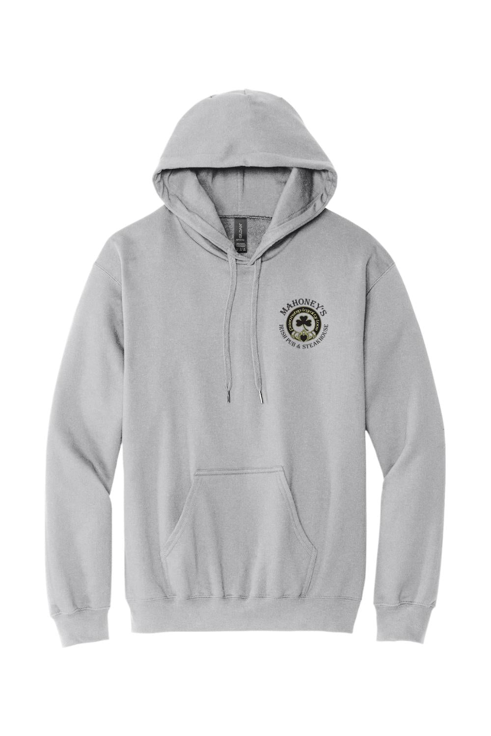 Grey midweight pullover hoodie with a drawstring hood, front kangaroo pocket, and Mahoney's Irish Pub logo on chest.