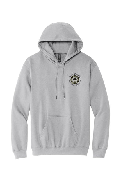 Grey midweight pullover hoodie with a drawstring hood, front kangaroo pocket, and Mahoney's Irish Pub logo on chest.