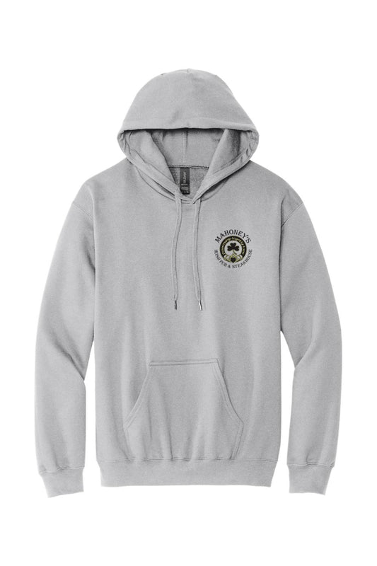 Grey midweight pullover hoodie with a drawstring hood, front kangaroo pocket, and Mahoney's Irish Pub logo on chest.