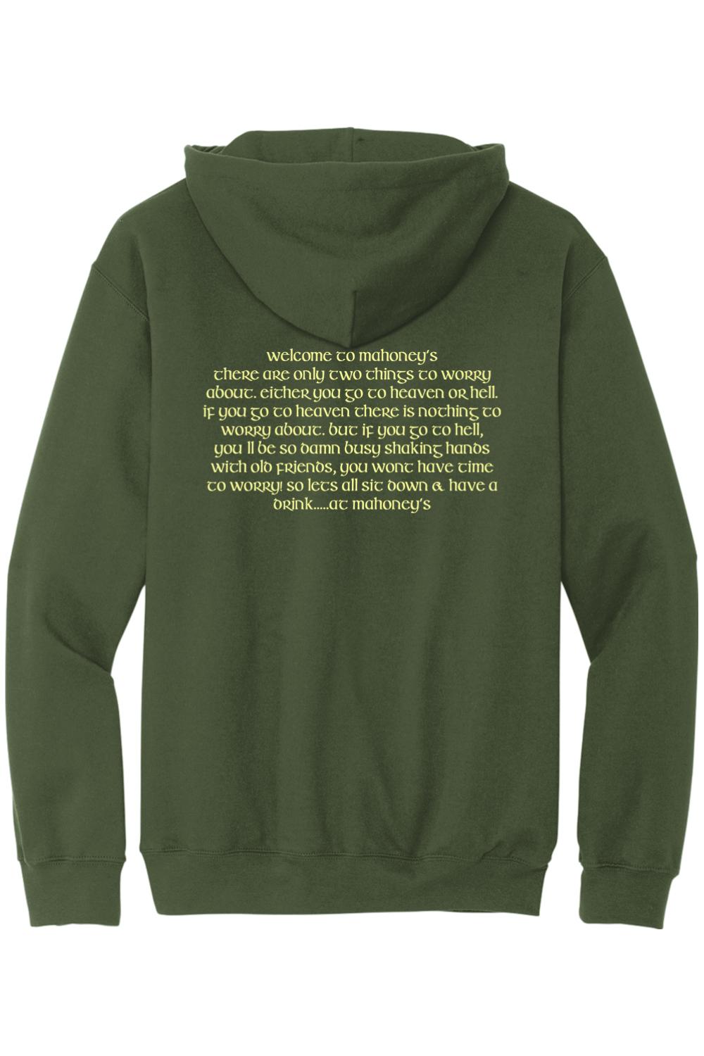 Olive green midweight hoodie featuring Welcome to Mahoney's text in gold on the back.