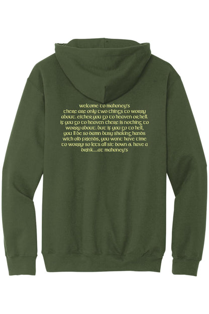 Olive green midweight hoodie featuring Welcome to Mahoney's text in gold on the back.