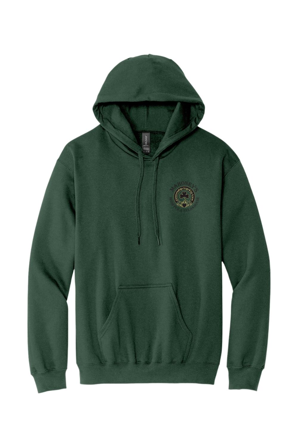 Dark green midweight hoodie with a drawstring hood, front pouch pocket, and Mahoney's Irish Pub logo on the chest.
