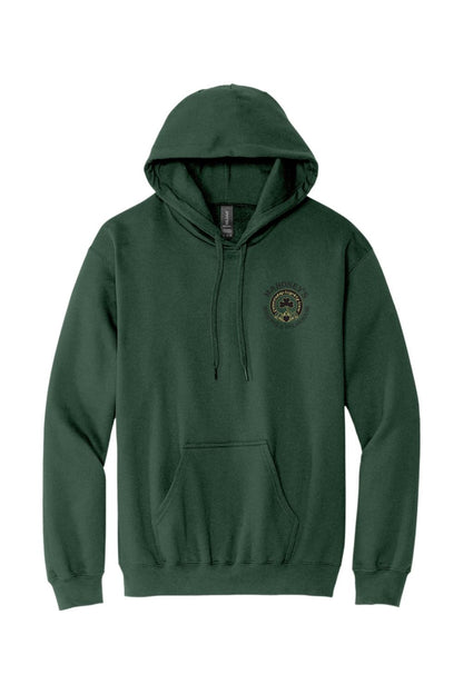 Dark green midweight hoodie with a drawstring hood, front pouch pocket, and Mahoney's Irish Pub logo on the chest.