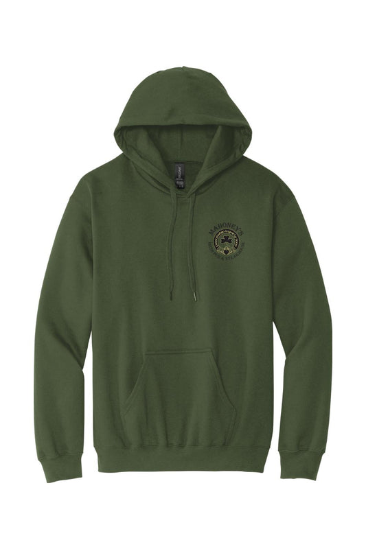 Olive green midweight hoodie with a drawstring hood, front pocket, and Mahoney's Irish Pub logo on the chest.