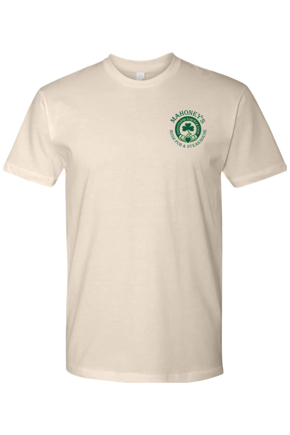 Beige crewneck cotton t-shirt featuring a green Mahoney's Irish Pub and Steakhouse logo on the chest.