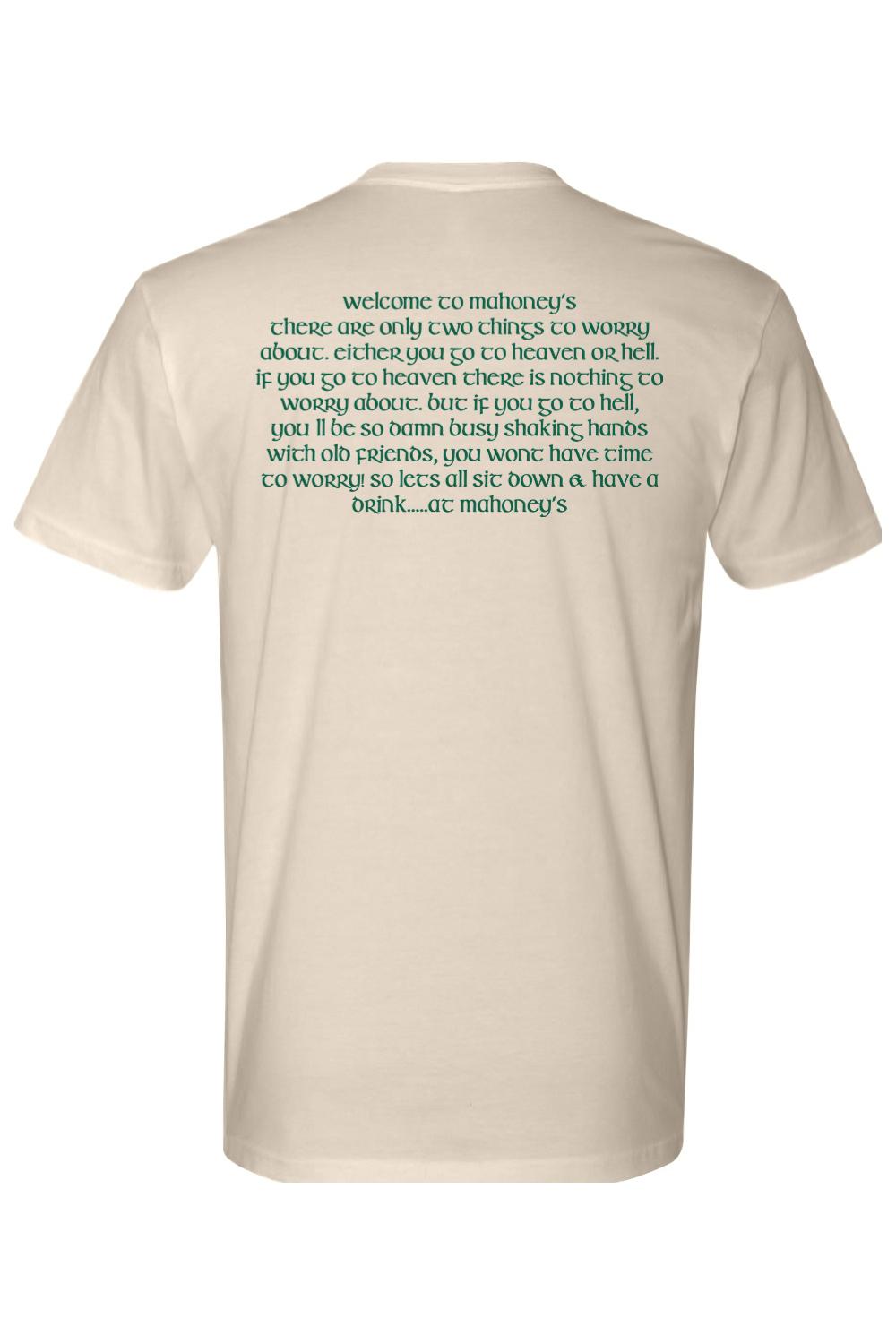 Beige 100% cotton crewneck tee featuring Welcome to Mahoney's green text printed on the back.
