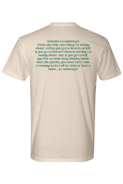 Beige 100% cotton crewneck tee featuring Welcome to Mahoney's green text printed on the back.