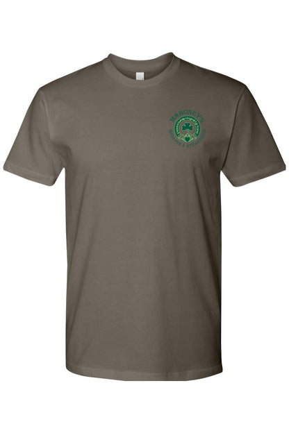 Green 100% cotton fitted crewneck tee featuring a Mahoney's Irish Pub and Steak House logo on the chest.