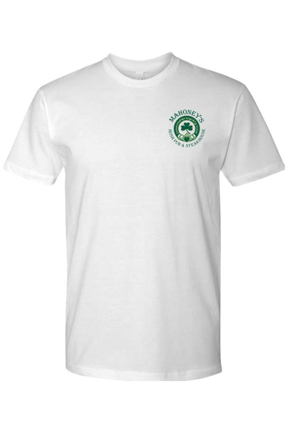 White 100% cotton crewneck tee featuring a green Mahoney's Irish Pub & Steakhouse logo on the chest.