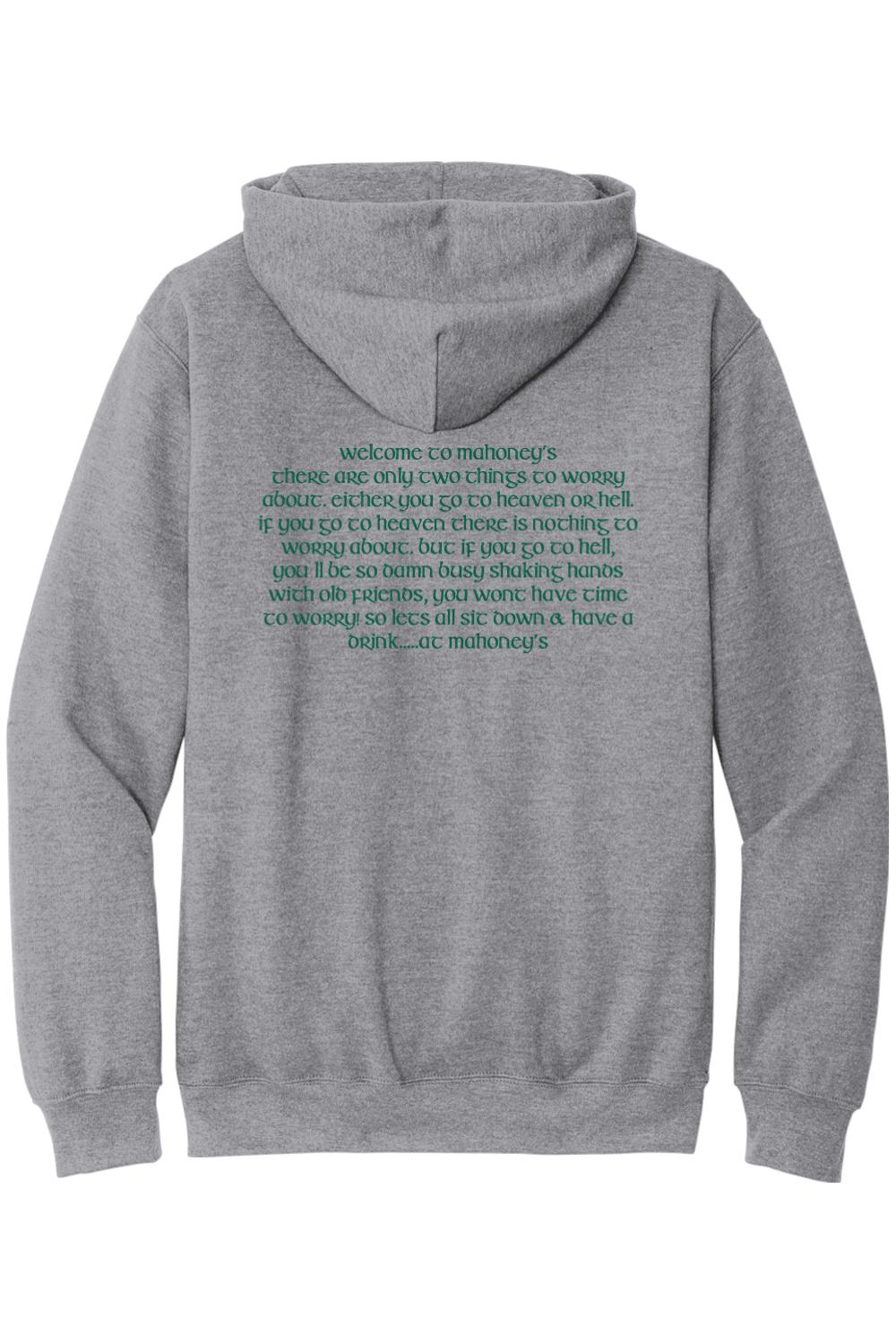 Grey midweight hoodie featuring green Mahoney's text printed on the back with a cozy hood and long sleeves.