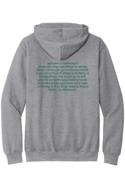Grey midweight hoodie featuring green Mahoney's text printed on the back with a cozy hood and long sleeves.