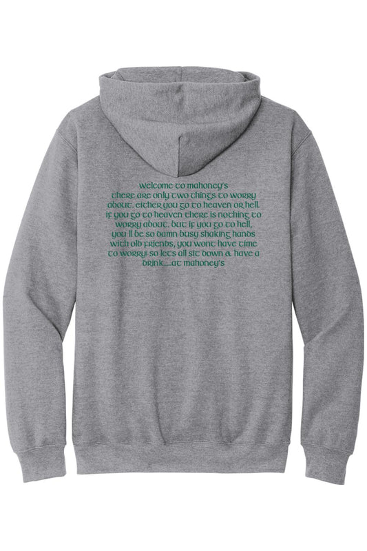 Grey midweight hoodie featuring green Mahoney's text printed on the back with a cozy hood and long sleeves.