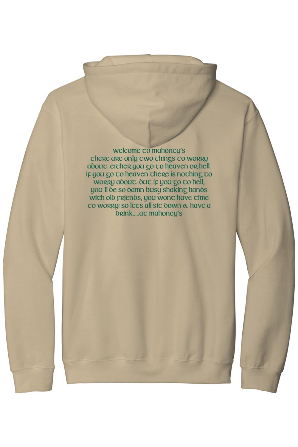Tan midweight hoodie featuring green Mahoney's text printed on the back with a cozy hood and long sleeves.