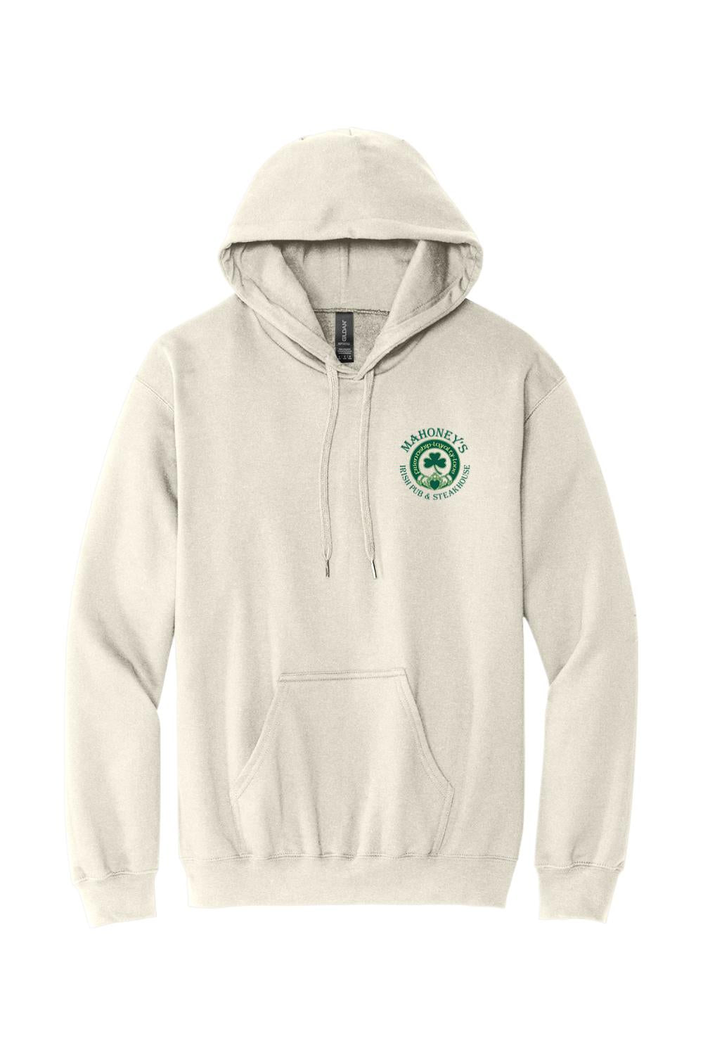 Light grey midweight pullover hoodie featuring a green Mahoney's Irish Pub & Steakhouse logo on the chest.