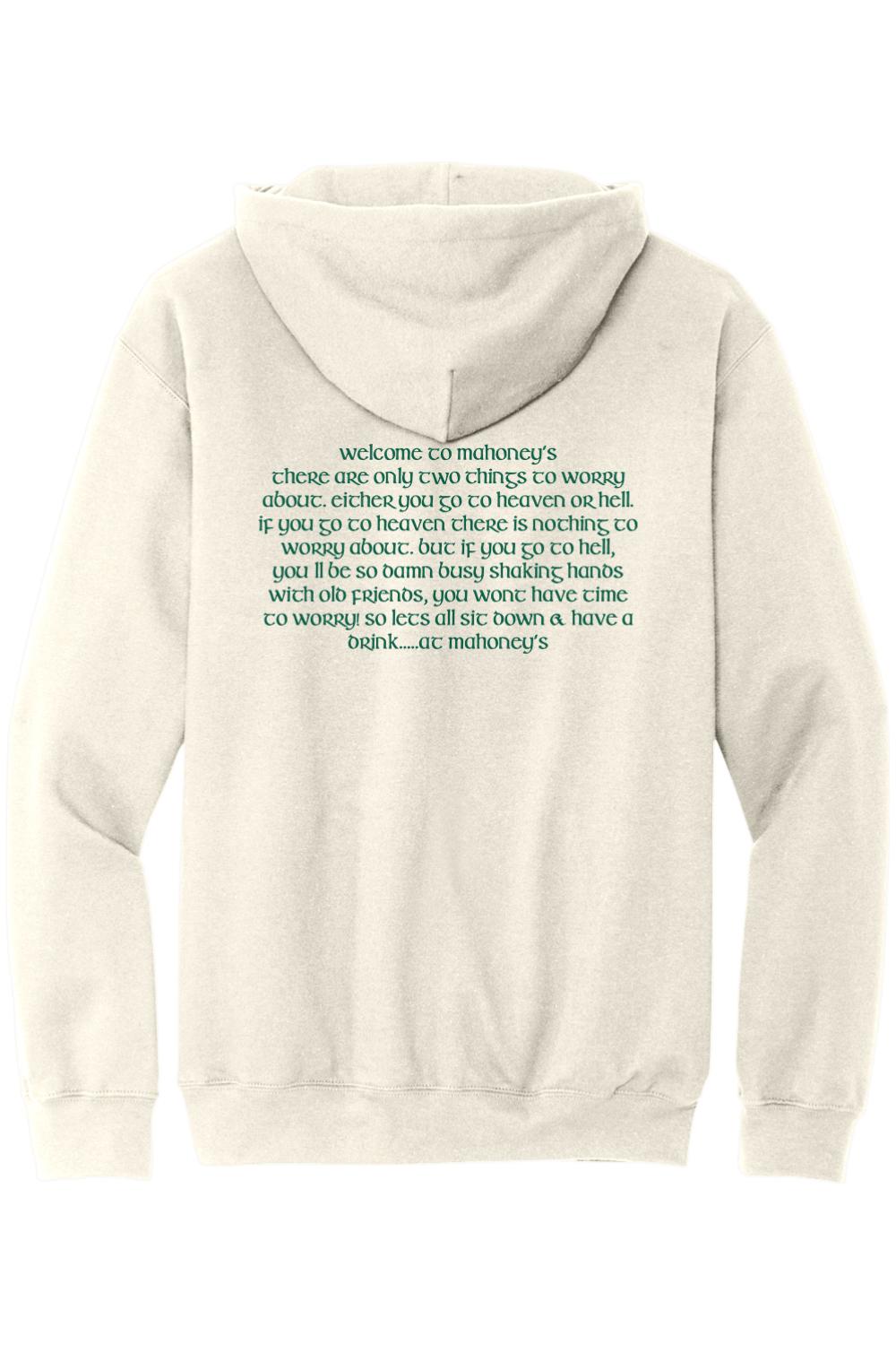 Light beige midweight hoodie featuring green Mahoney's quote text printed on the back.