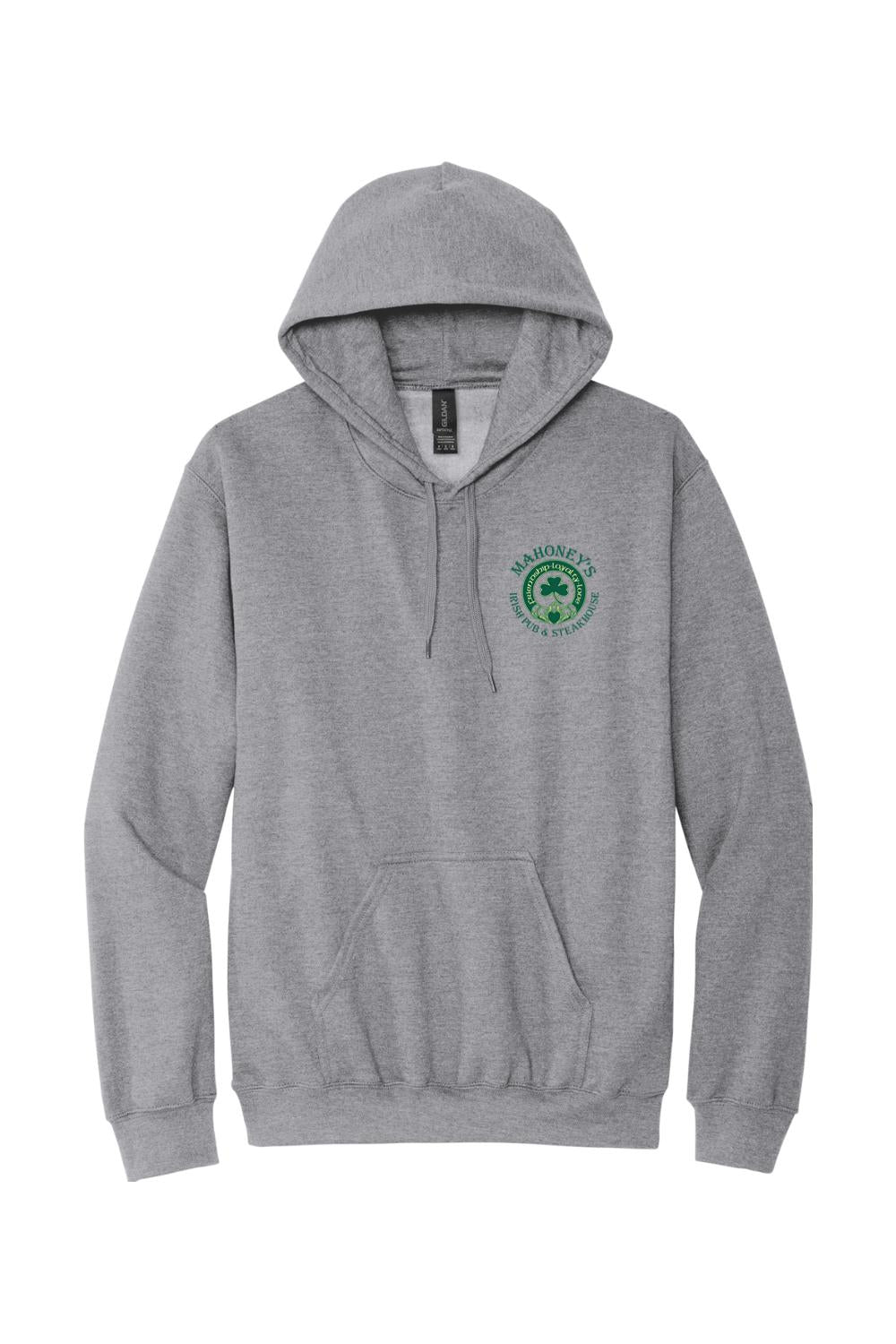 Grey midweight unisex hoodie featuring a green Mahoney's Irish Pub & Steakhouse logo on the chest.